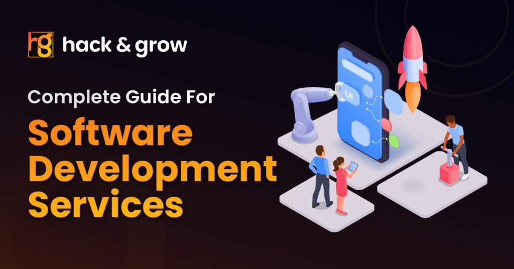 the image content, which includes developers collaborating on code, computer screens displaying lines of code, and other typical elements associated with software development services.