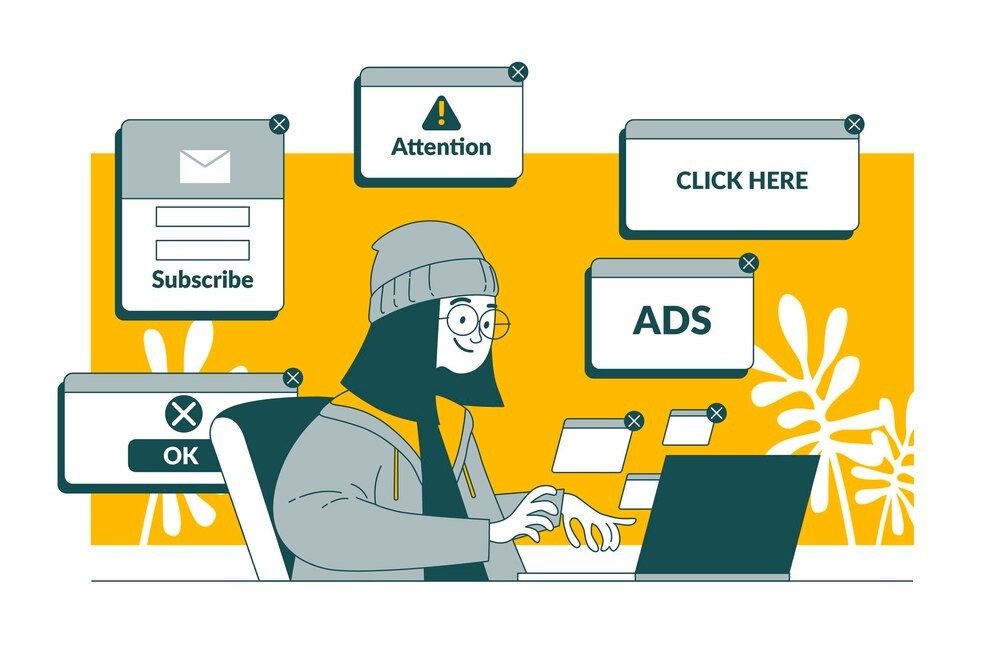 Illustration of a person working on a laptop surrounded by ad pop-ups including messages like 'Subscribe,' 'Click Here,' 'Attention,' and 'Ads,' representing the complexity of managing a Google Ads campaign.