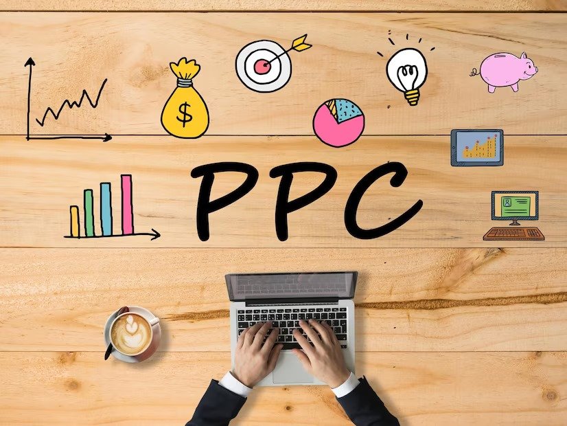 Hands typing on a laptop with the term 'PPC' in bold surrounded by various business and marketing icons like graphs, target, money bag, light bulb, pie chart, and computer on a wooden background, illustrating the comparison of SEO vs PPC strategies.